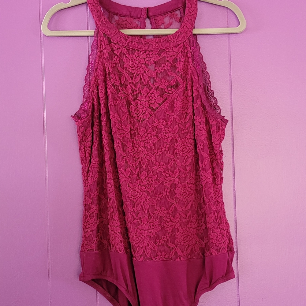 Torrid Illusion Neckline Burgundy Lace Bodysuit